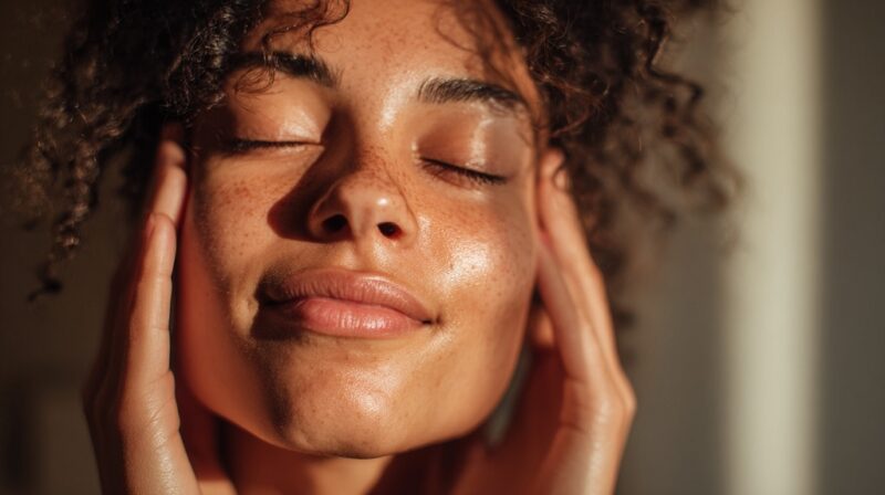 Close-up of woman enjoying sunlight with radiant skin
