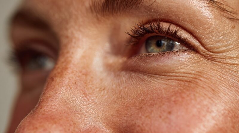Wrinkle lines around eyes on mature skin treated with anti-aging skincare