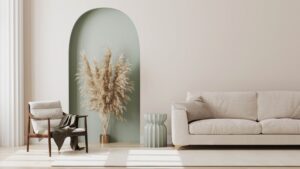 Small decorative details like pampas grass and soft tones create a cozy mood in a modern living room